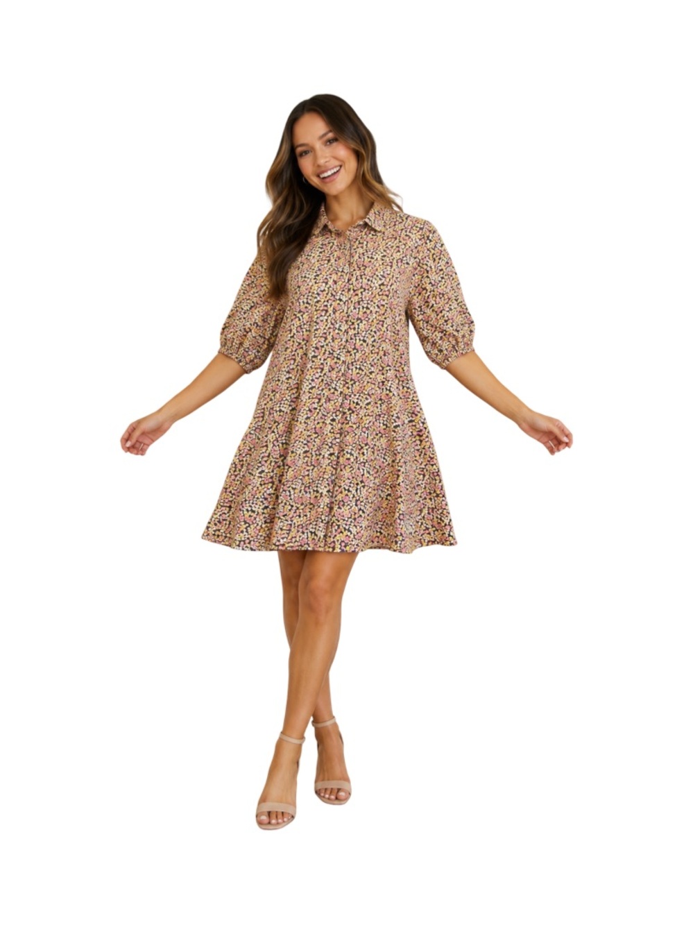 Zara Whimsical dainty Front Button Shirt Dress 3/4 Sleeves, Retro Style Size XL